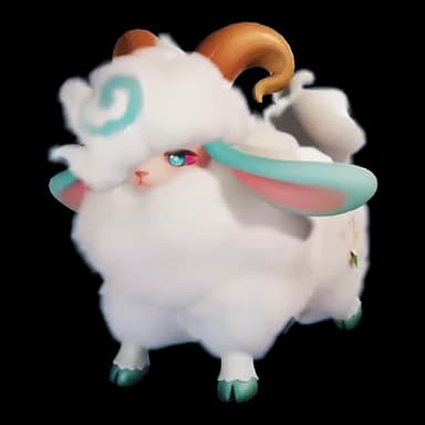 Turbo in its basic form, a round white fleece creature with curled horns