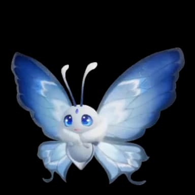 Flutternym in Nighttime Form, a pale moth with deep blue wings