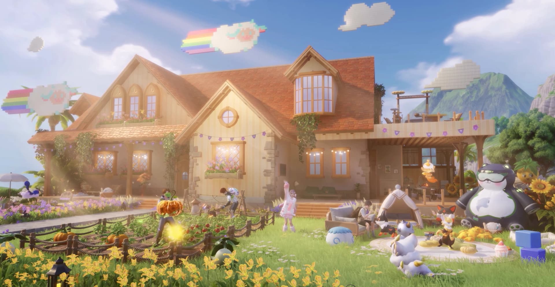 A furnished two-storey cottage anchors an Aniimo Homeland, surrounded by crop rows, flower beds, outdoor seating and Aniimo walking through the yard
