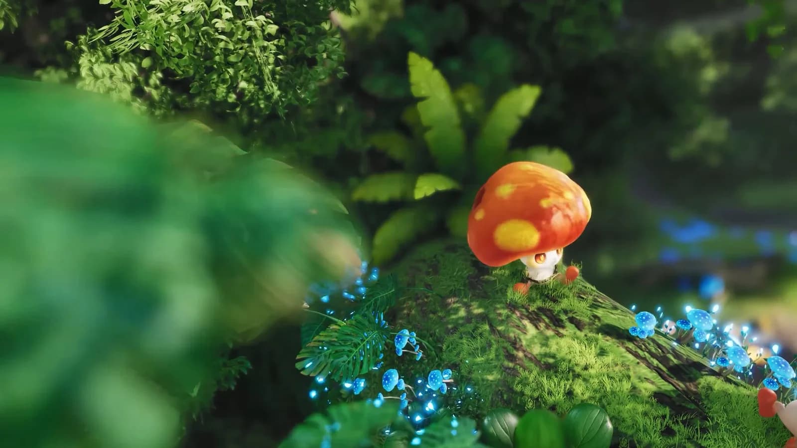 A red-capped mushroom Aniimo stands on a mossy log beside glowing blue flowers in a sunlit Idyll forest