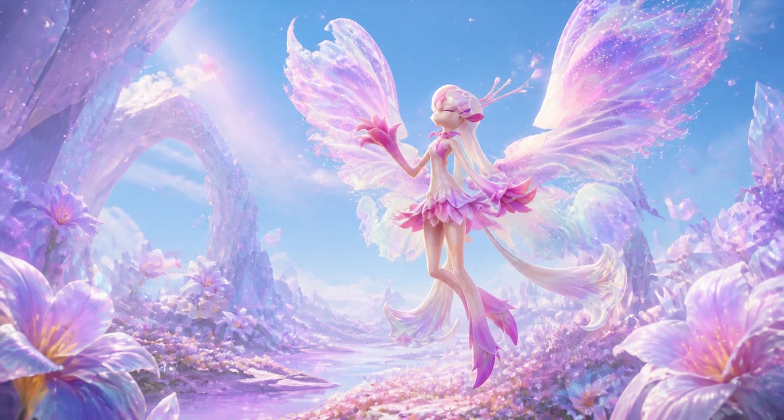 Irisalis floats above a flower-filled crystal rift under a luminous violet sky