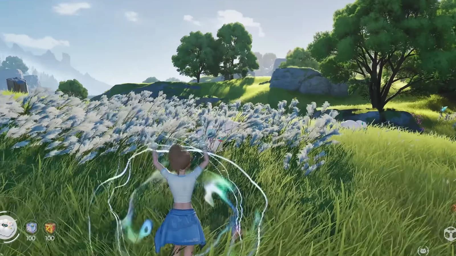 A Pathfinder raises her arms in a meadow of white grass as a ring of light spins around her under a bright sky