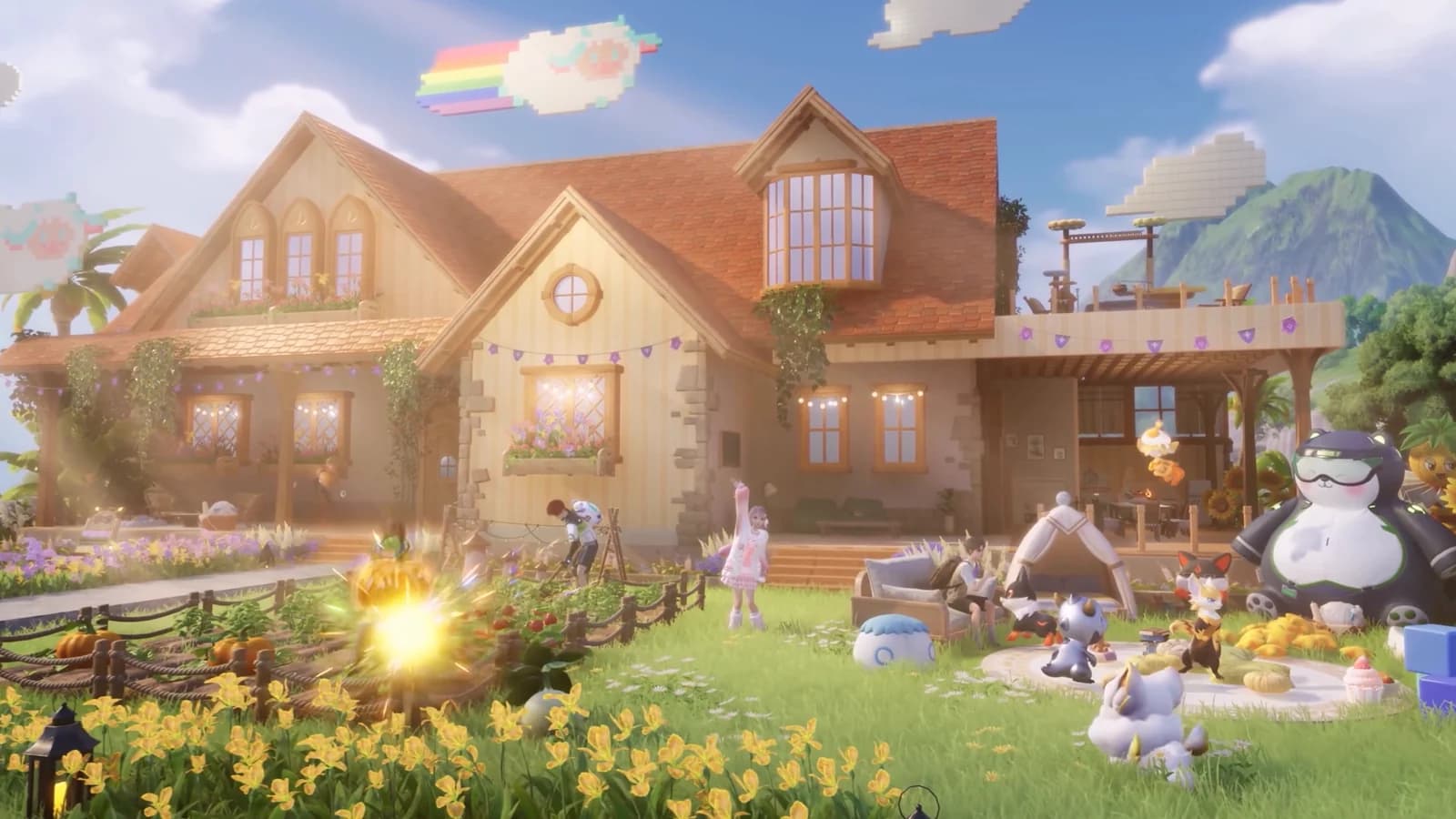 A Homeland plot with a two-storey house, flower beds, a vegetable patch and a crowd of Aniimo resting on the lawn
