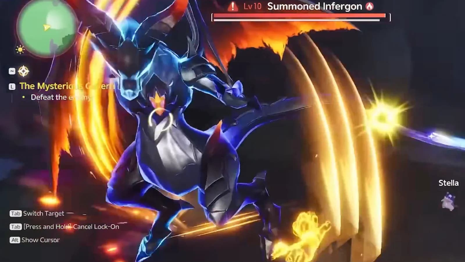 A player-controlled Aniimo tears into a large winged boss named Summoned Infergon while fire fields burn across the arena floor