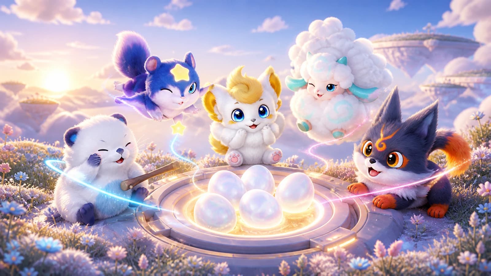 Susuta, Celestis, Fentuft, Nimbi and Emberpup gather around five glowing eggs on a bright floating meadow
