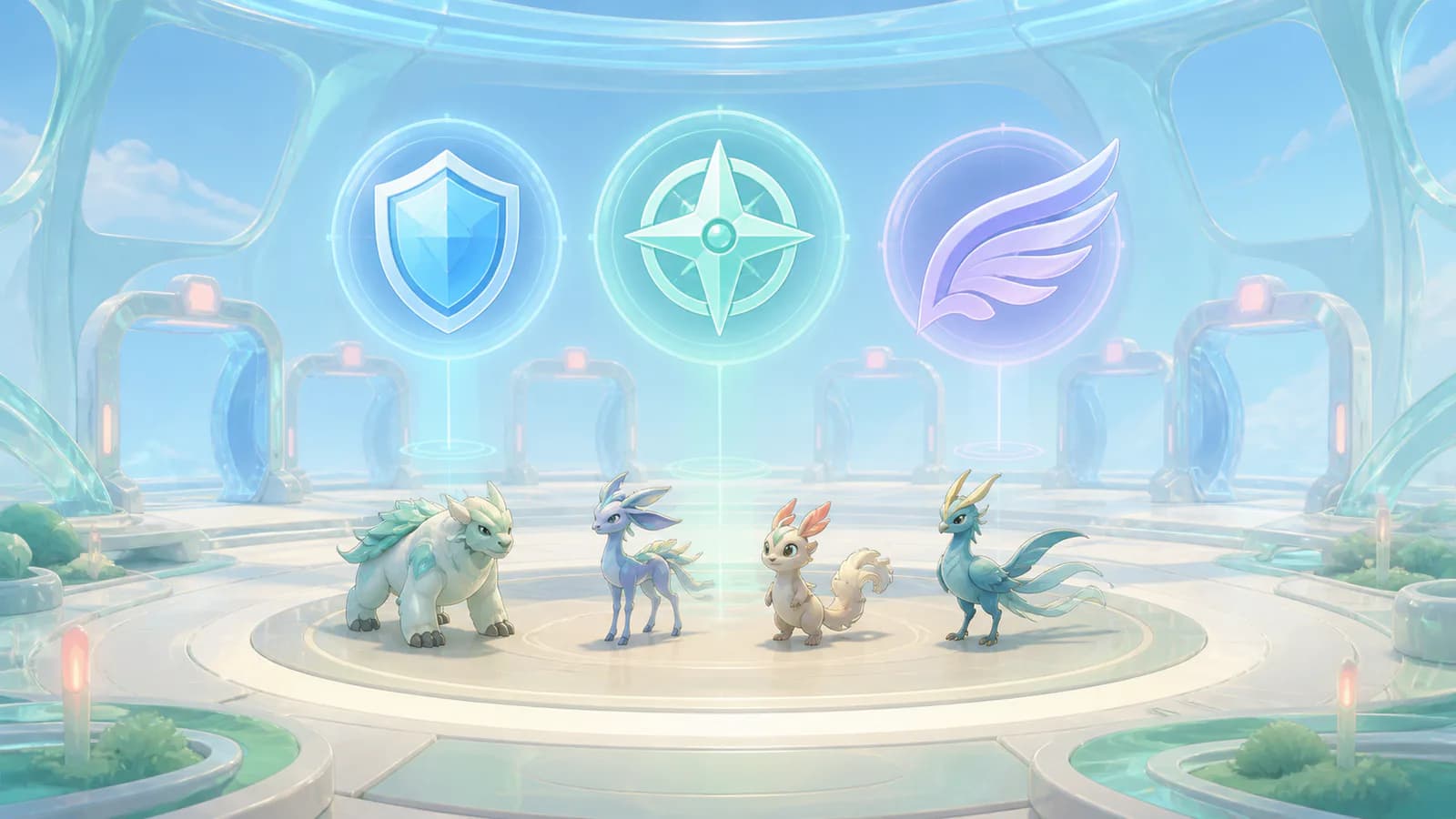 Four companions stand in a luminous training arena below safe, balanced and fast planning emblems while inactive stage gateways wait beyond them