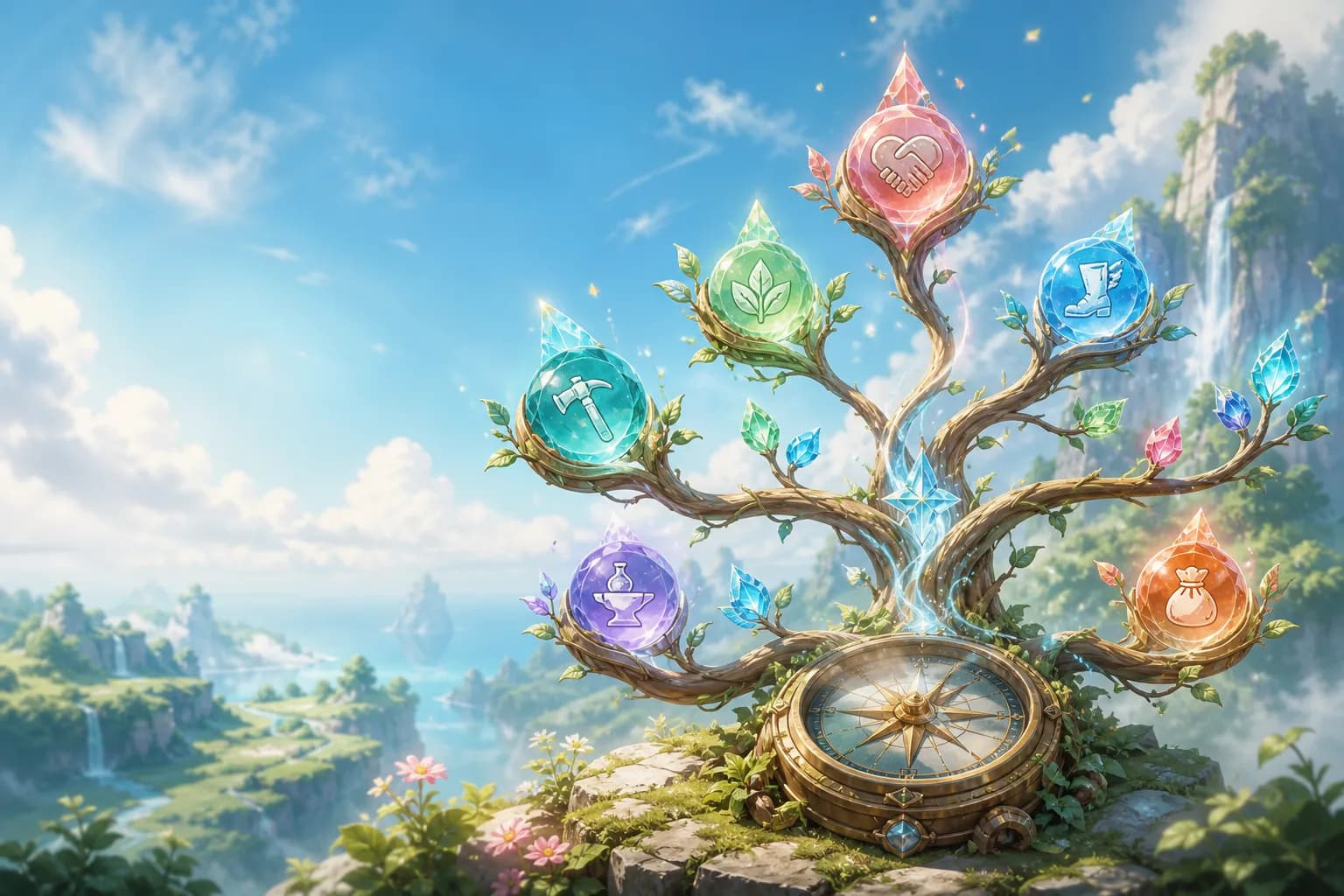 A branching Pathfinder talent tree growing from an explorer compass