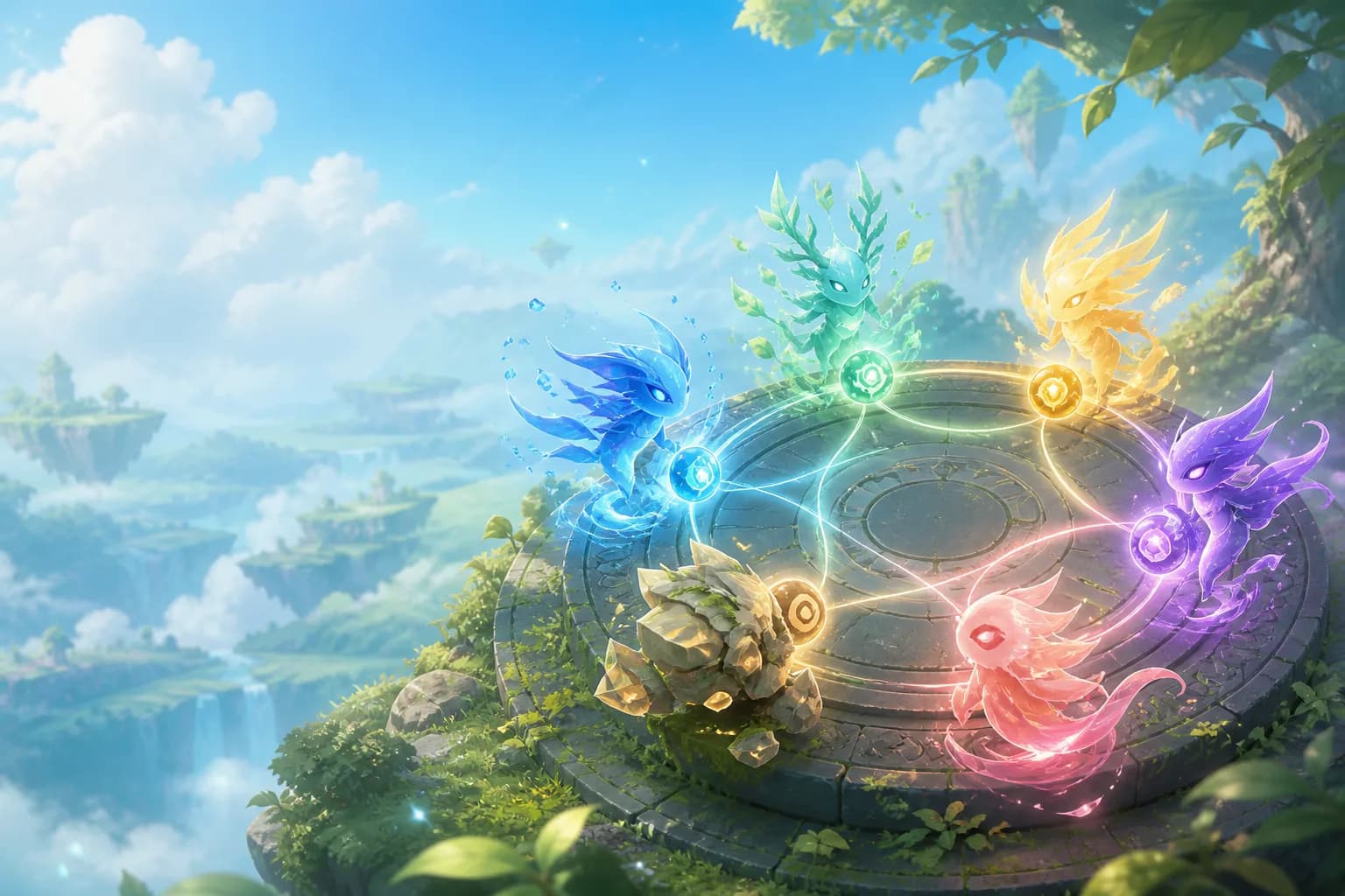 Six colorful elemental creature spirits forming a balanced team around a strategy stone