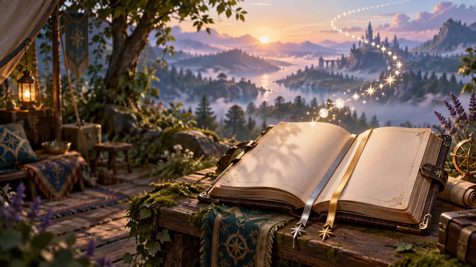 An open adventurer handbook with a rising trail of stars