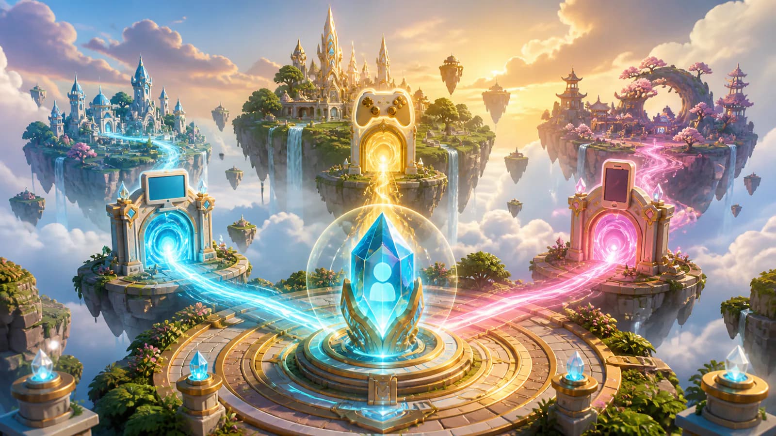 A luminous identity crystal links desktop, console and mobile portals across three floating server regions