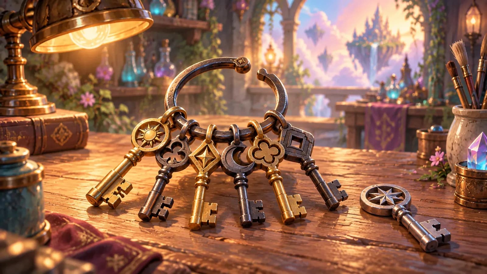 A heavy iron keyring on a lamplit workbench with six differently cut keys threaded on it, its clasp open, and a seventh key lying loose beside it
