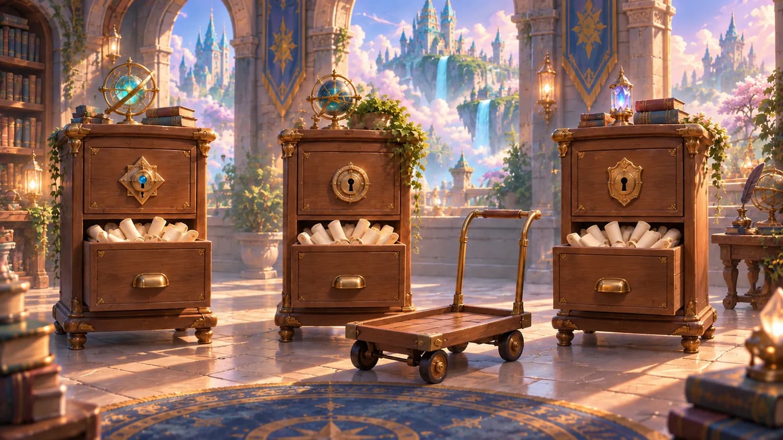 Three identical locked filing cabinets in a row in a stone records hall, each with one full drawer open, and an empty porter's trolley parked between them with no rail reaching any of them