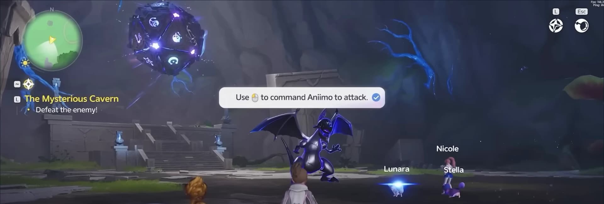 Tutorial prompt telling the Pathfinder to command an Aniimo to attack a cavern enemy
