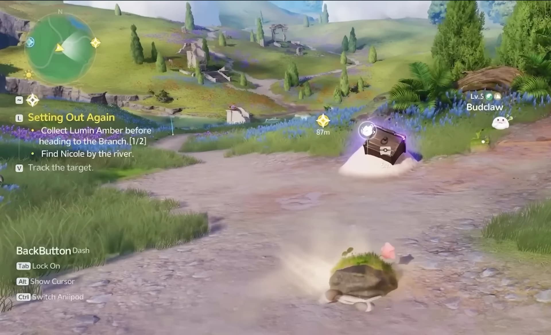 Pathfinder twined with Budclaw moving toward a marked chest in Nimbus Fields