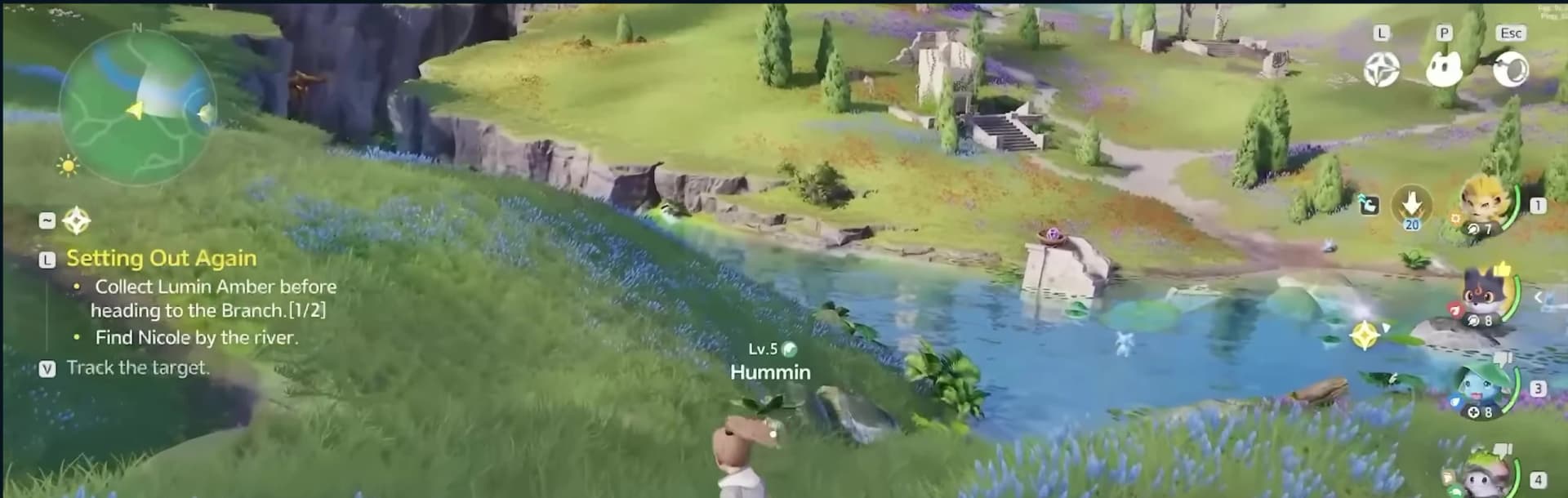 Party list beside a wild Hummin with quick matchup cues visible on the Aniimo portraits