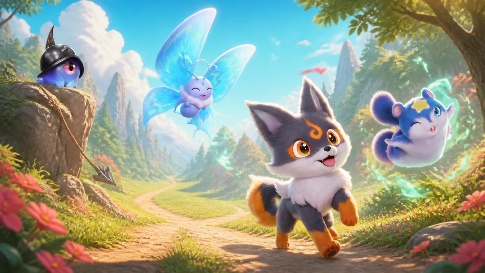 Four friendly early-game creatures set out along a bright forked trail, with a runner in front, a glider overhead, a healer in flight and a helmeted scout on a ledge