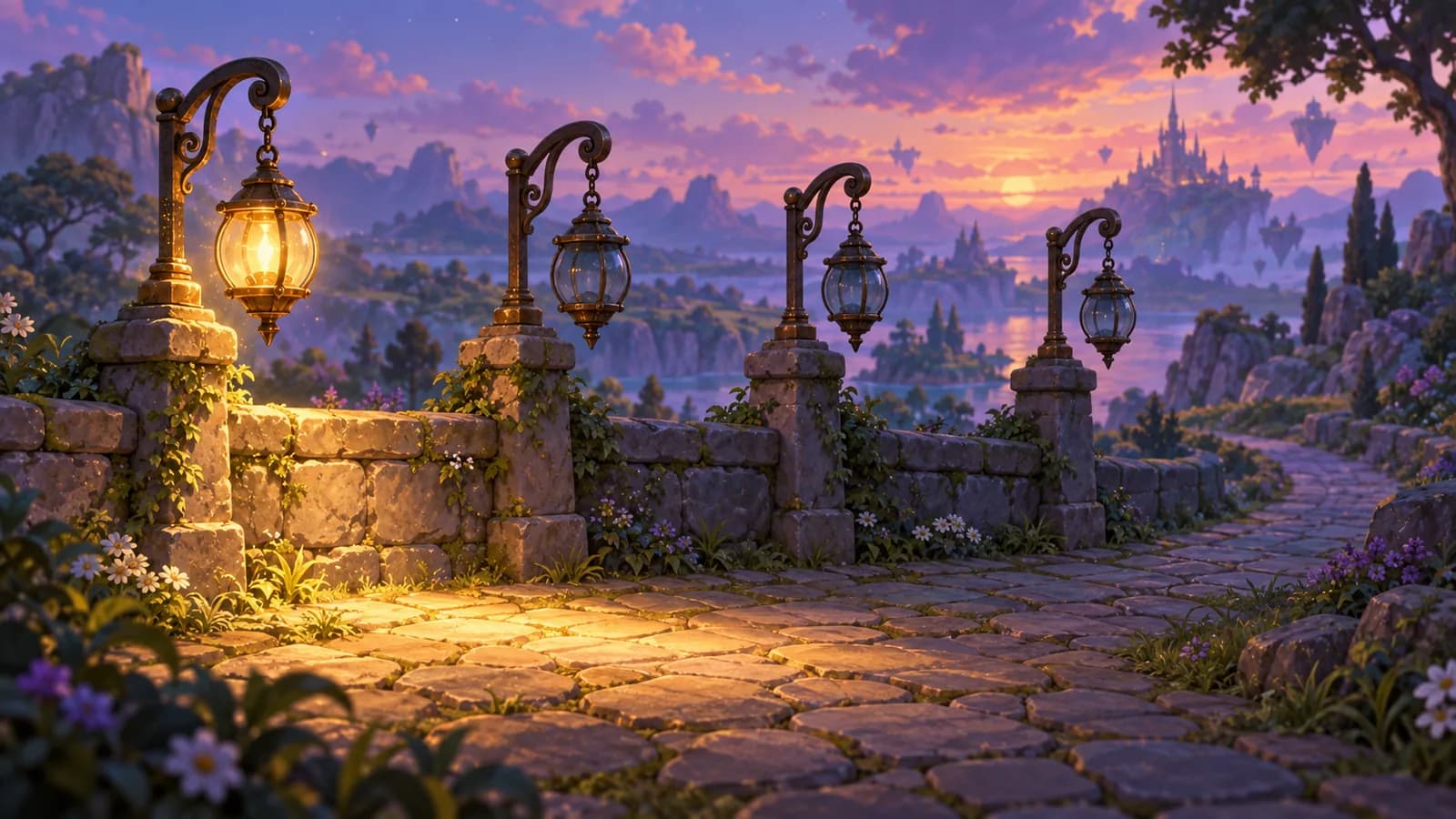 A low stone wall at dusk with four lanterns, one burning brightly over a small pool of light and three unlit, with the path beyond running into darkness