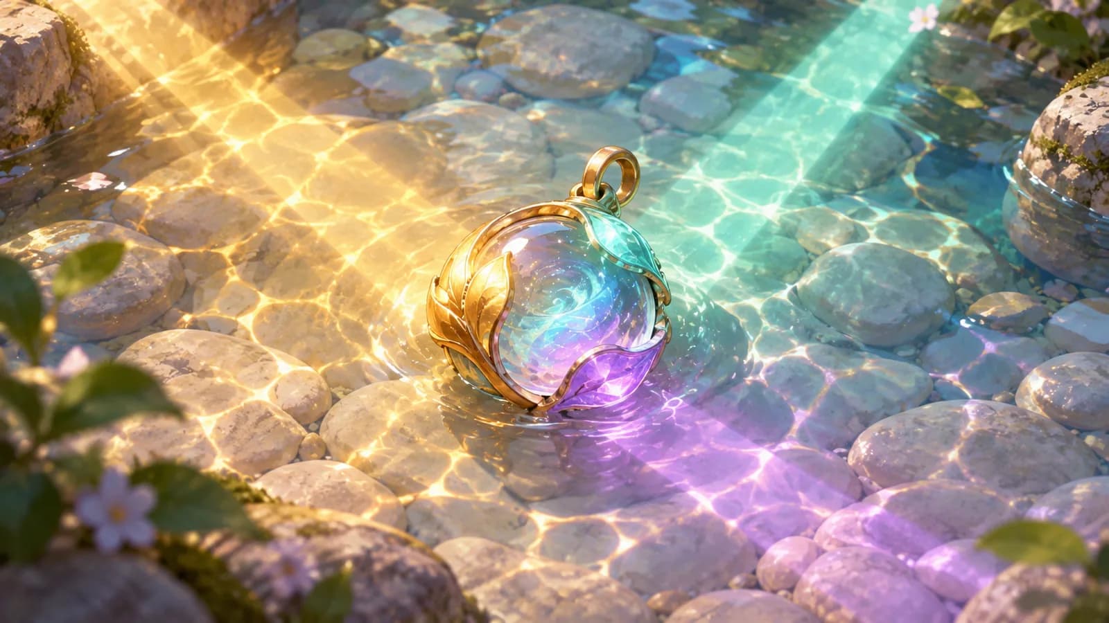 A single charm in a shallow pool of clear water with three bands of light falling across it from different directions, each lighting a different part