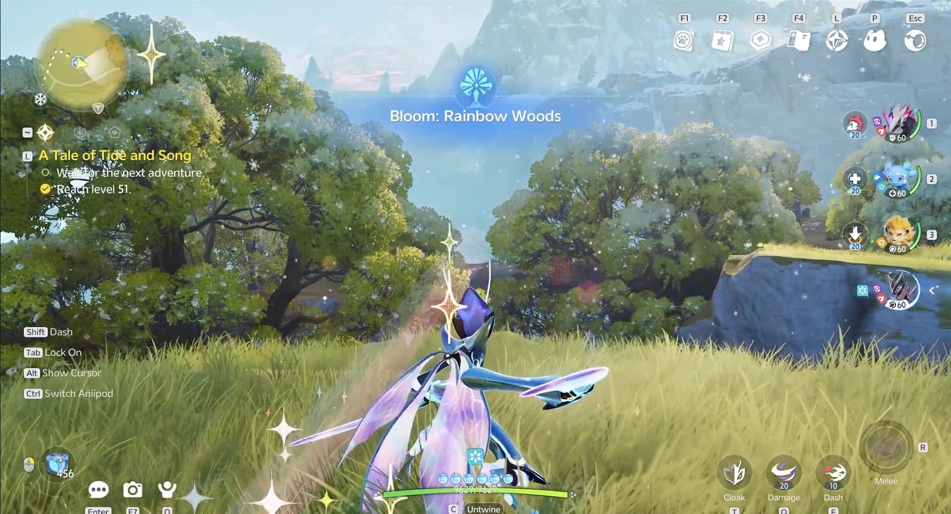 A wild Sparkling Aniimo standing in meadow grass near a Bloom, ringed by pale sparkle effects