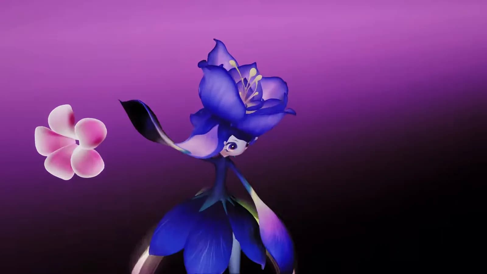 Irisal winds up Dancing Petals against a violet combat backdrop