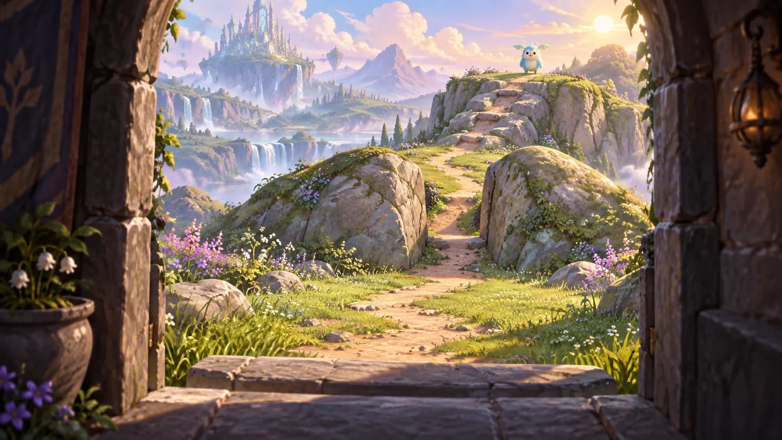 A view from a low doorway onto a path with a step down, a gap between rocks, a short climbable face and a creature at the far end