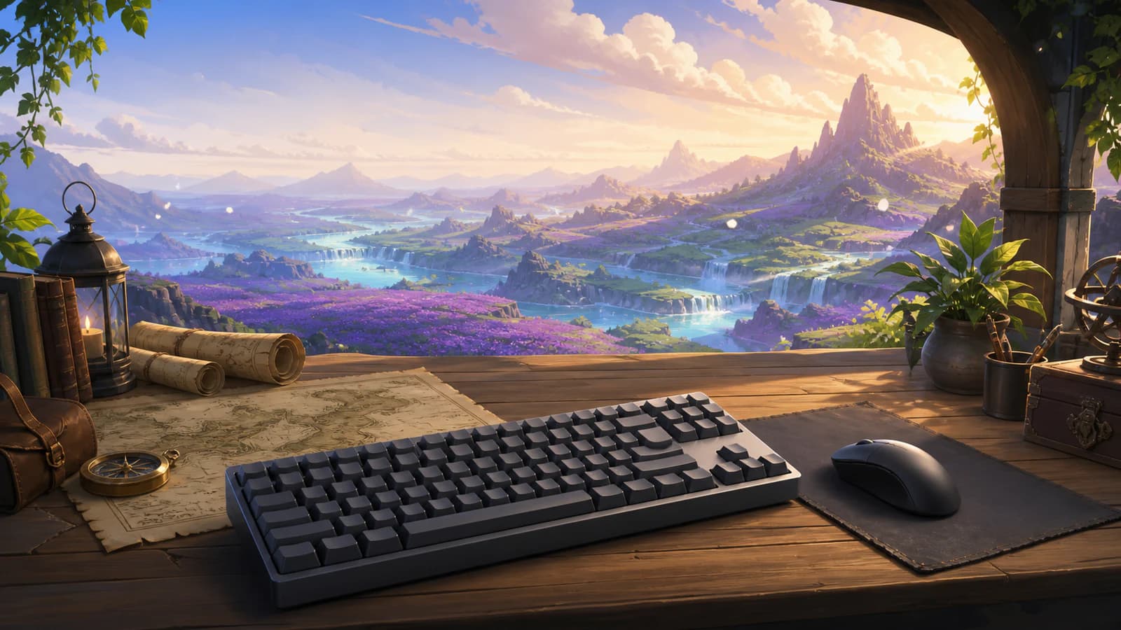 Blank mechanical keyboard and mouse on an explorer desk overlooking violet fields, turquoise rivers and distant mountains