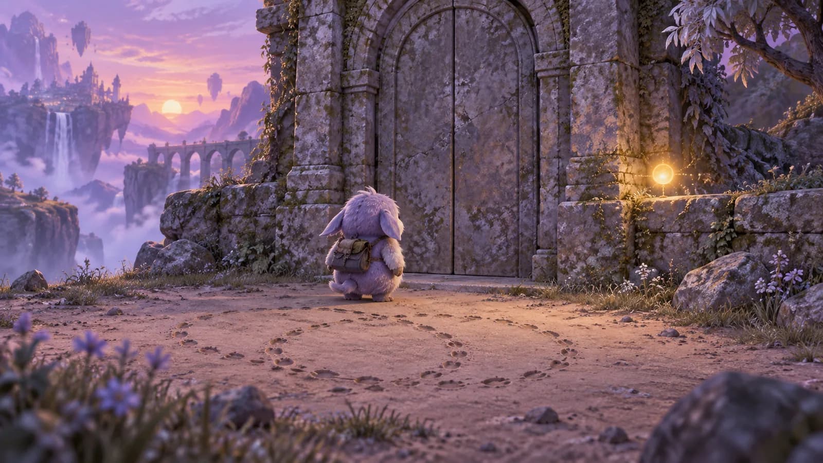 A creature facing a closed shrine door at dusk with an interaction mote hovering further along the wall and circling tracks on the ground