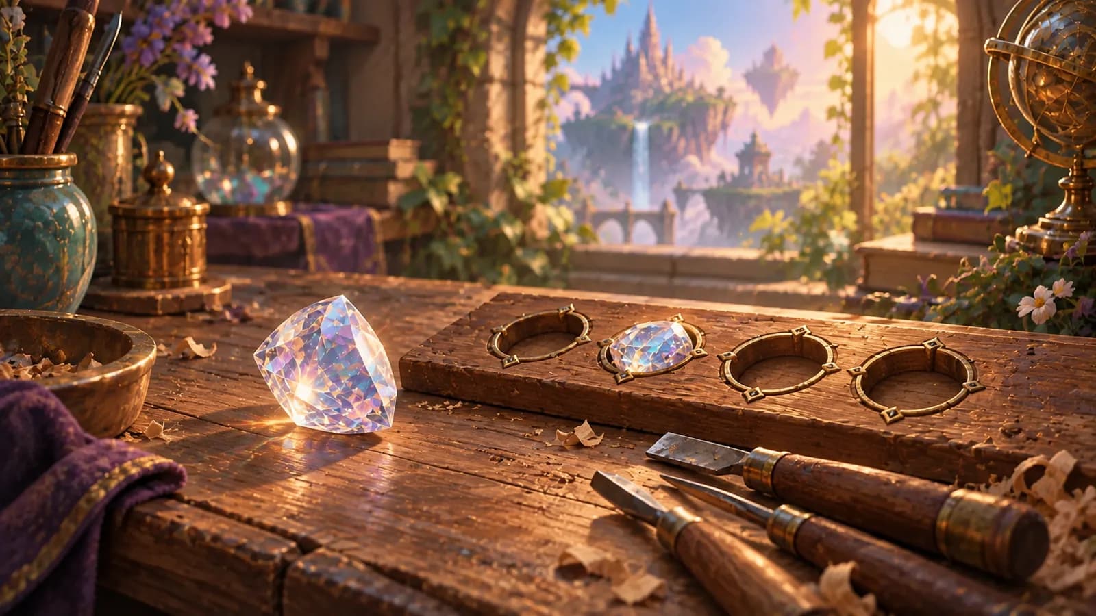 A single clear stone on a worn workbench beside three empty cut settings and one already filled