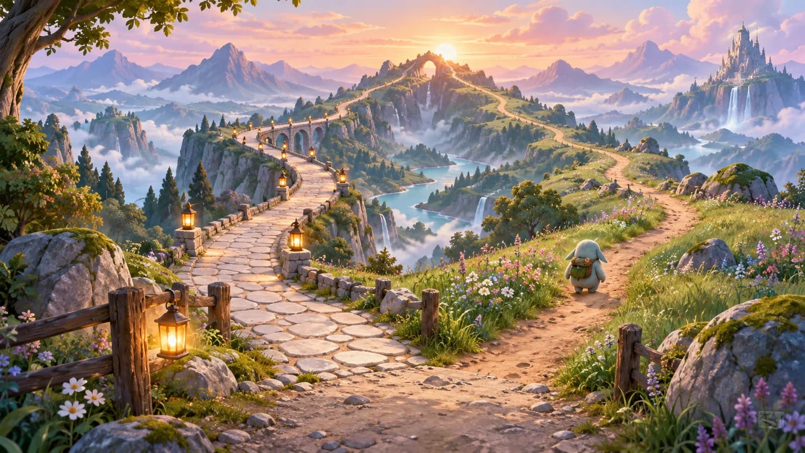 Two paths leaving one trailhead and rejoining at the same ridge, one paved and lit and one a worn dirt track with a creature walking it