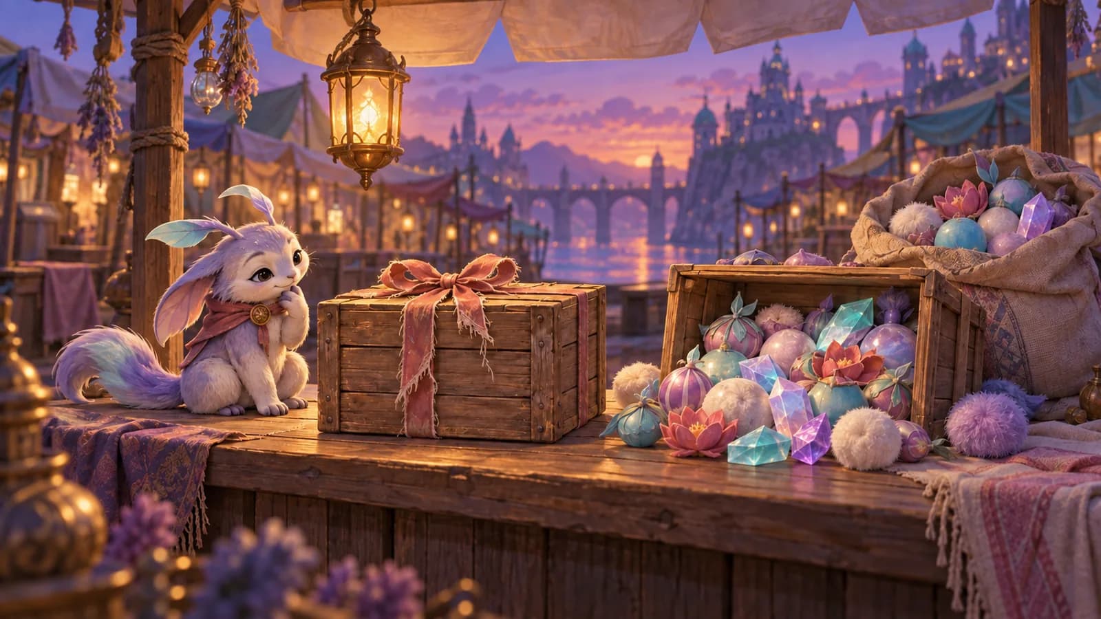 A market counter at dusk holding one ribbon-tied crate beside an open sack of the same goods, with a small creature watching the tied crate