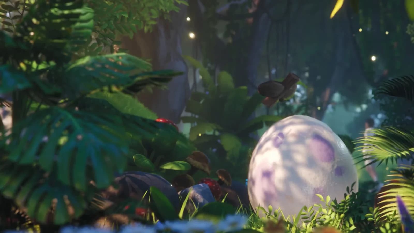 A pale speckled Aniimo egg resting in dense jungle undergrowth, lit by drifting motes under dark canopy leaves