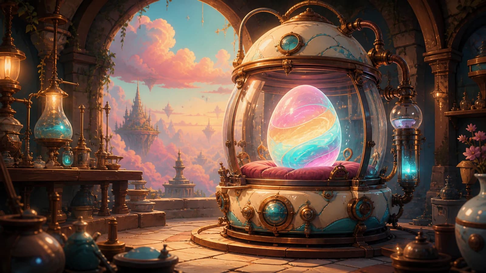 A glowing pink, peach and aqua egg inside a brass and ceramic incubator in an ancient-future workshop