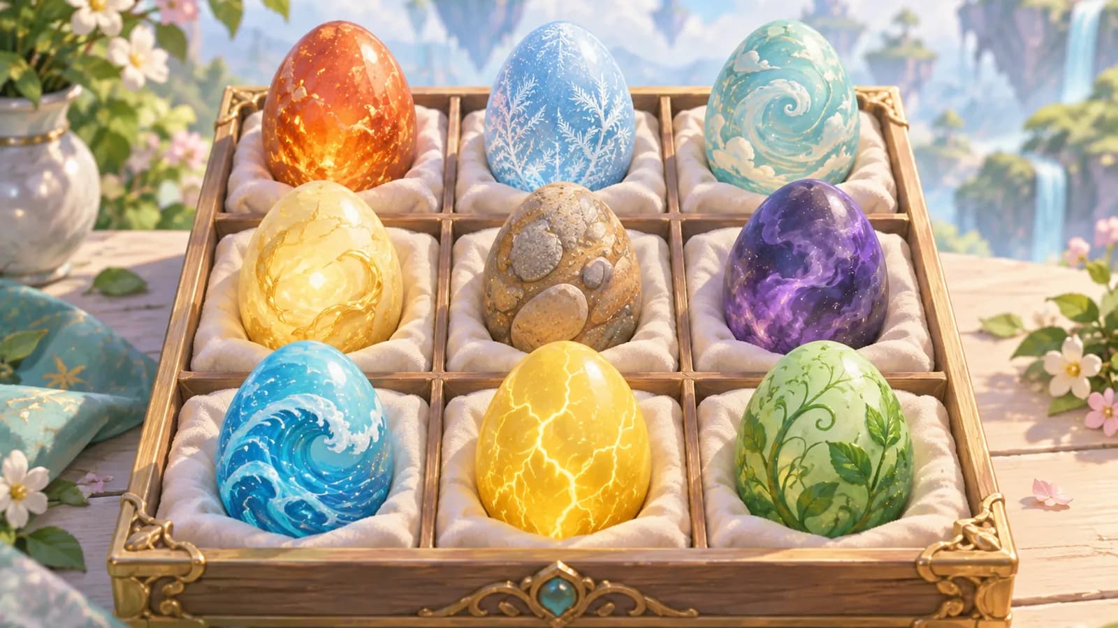 Nine eggs in a cushioned tray, each shell patterned for one element