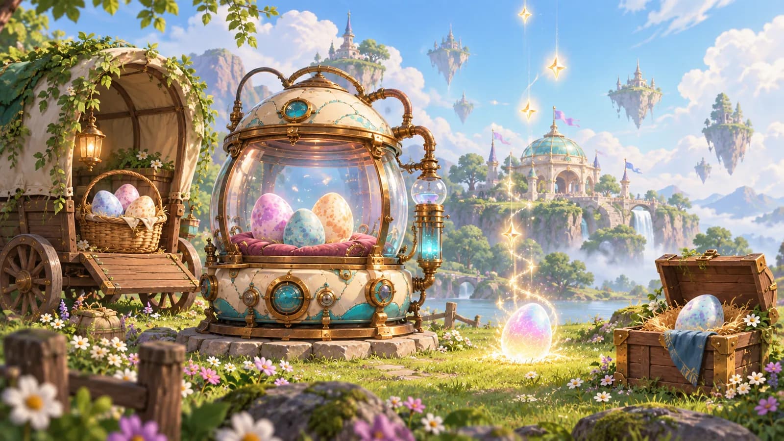 An outpost Hatchinator in a meadow with eggs arriving by wagon basket, gift crate and a shower of falling stars