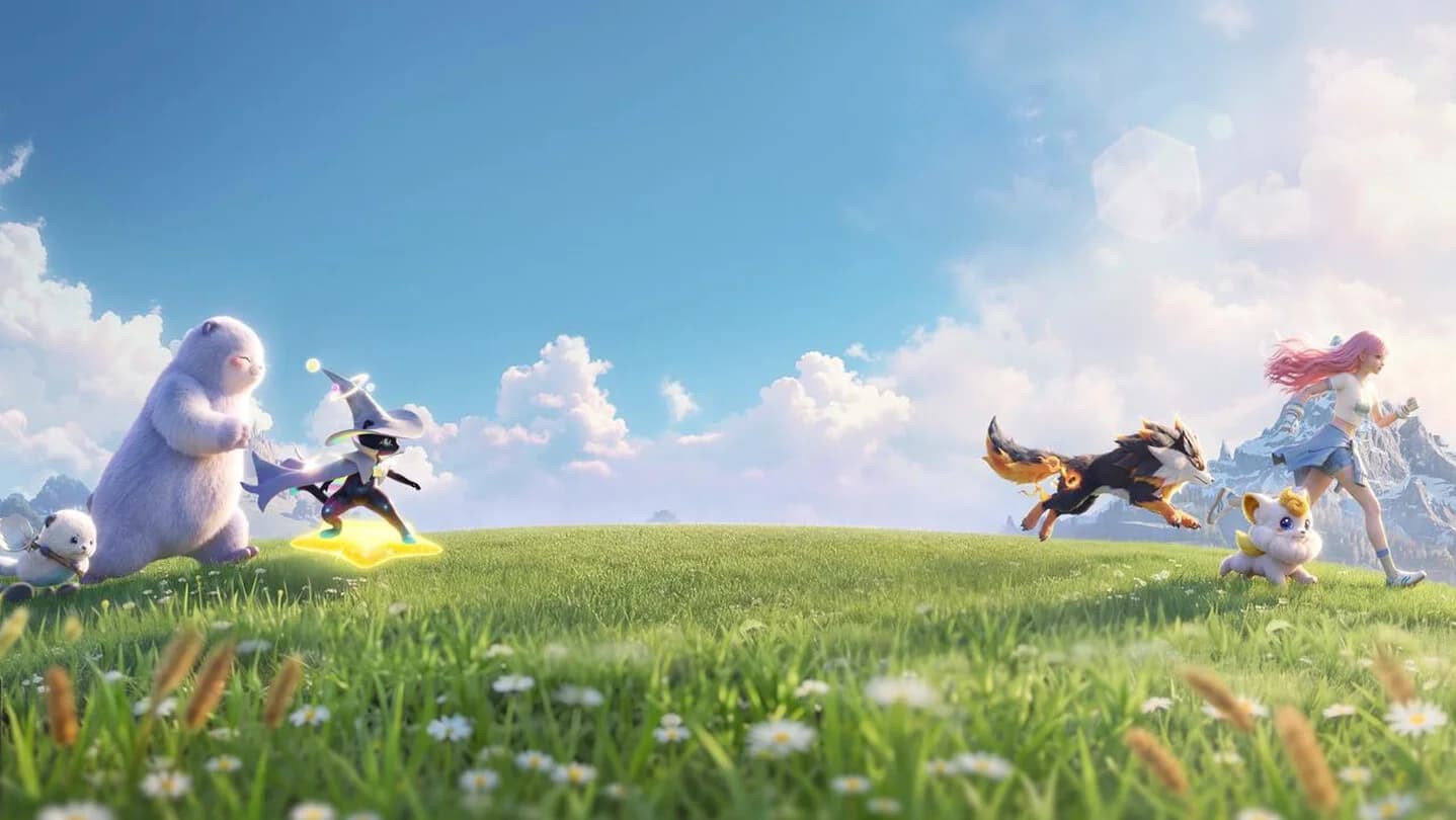A Pathfinder and several Aniimo companions run together across an open grass field under a bright sky