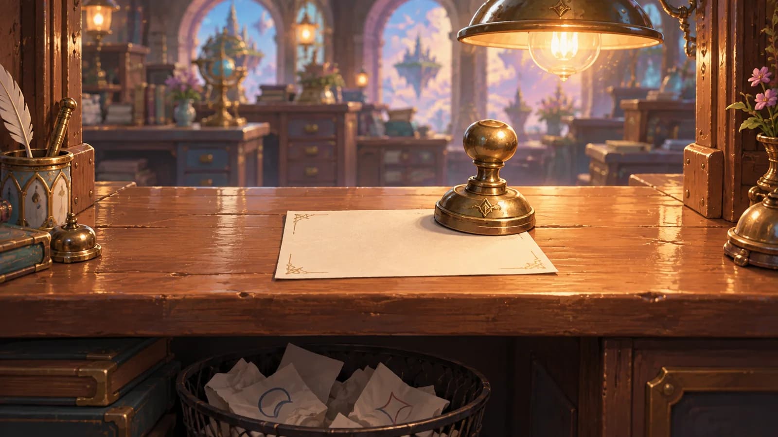 A service window counter with one neatly filled paper slip held down by a brass stamp and a wire basket of crumpled half-filled slips pushed underneath