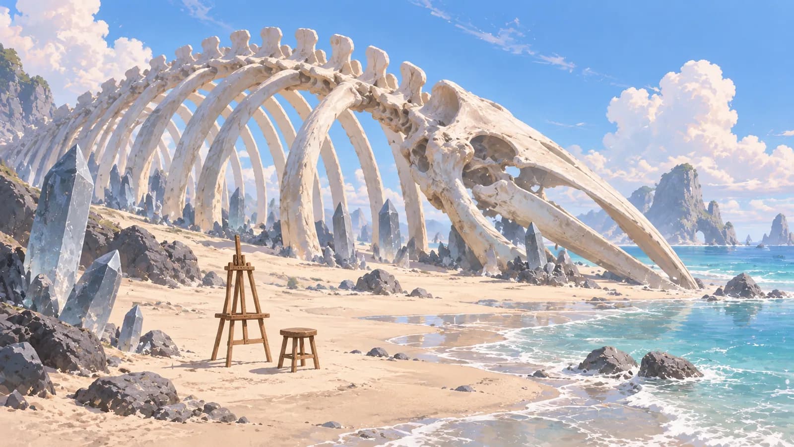 A wide pale shore at midday with a whale ribcage arching over the sand, dull grey-blue crystals standing unlit among the ribs, and an empty easel and stool facing the bones