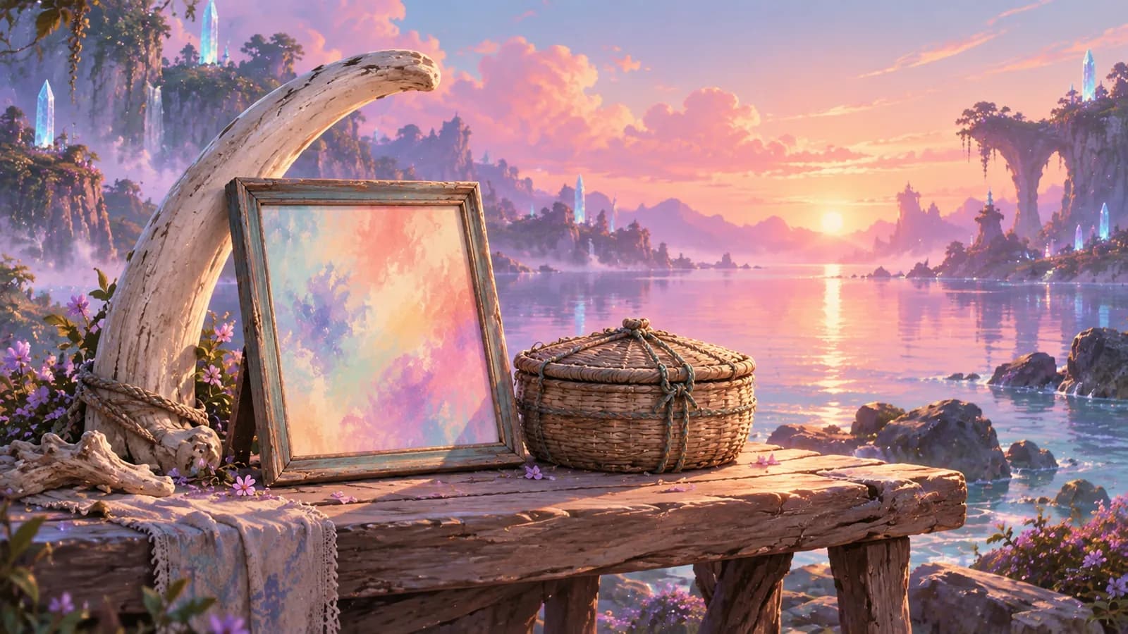 A driftwood table at the water’s edge at dawn with a finished framed canvas propped face-out against a rib of bone and an empty woven basket beside it, its lid still tied shut