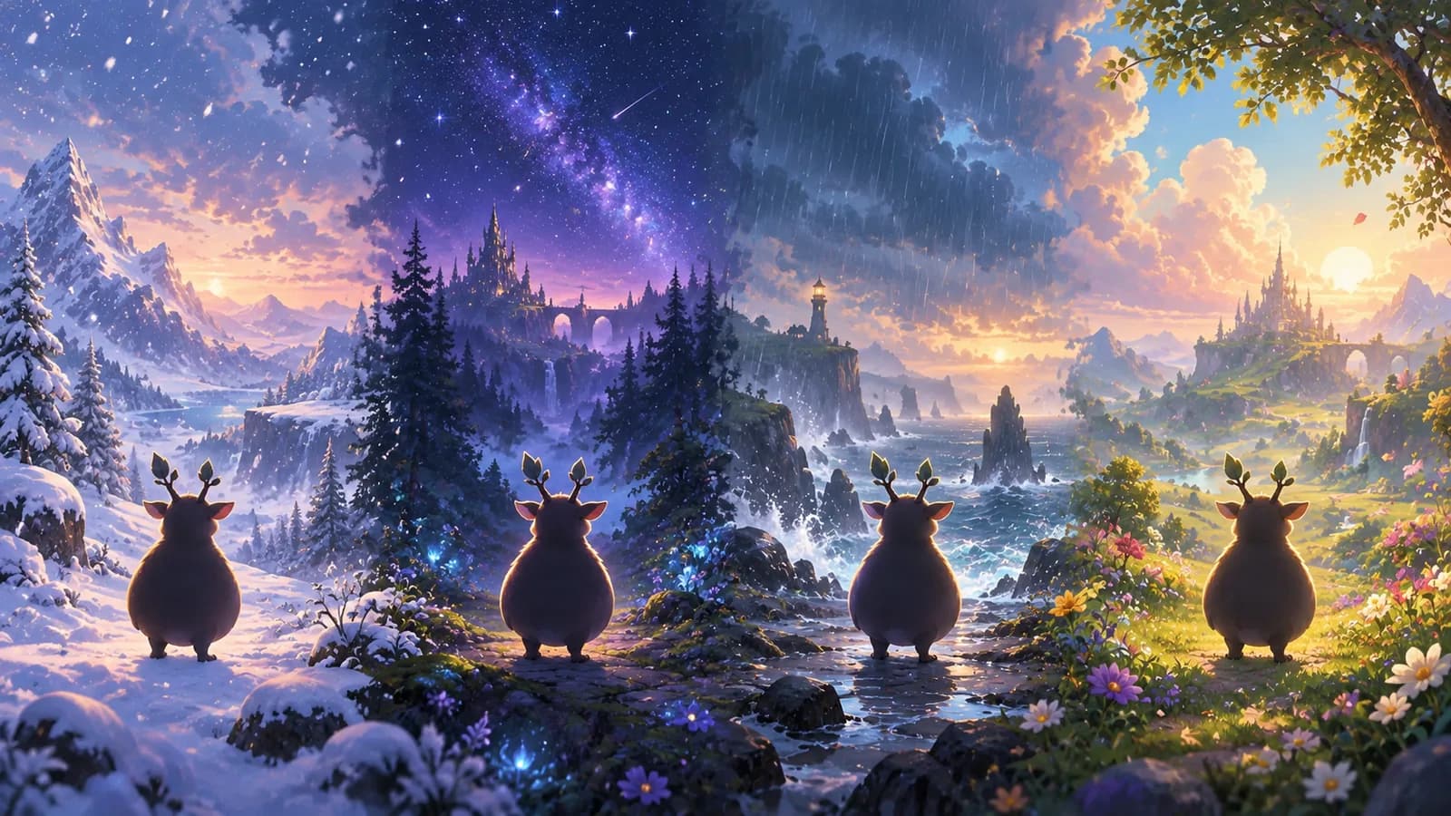 A creature appears across snowy, nighttime, rainy and daylight landscapes