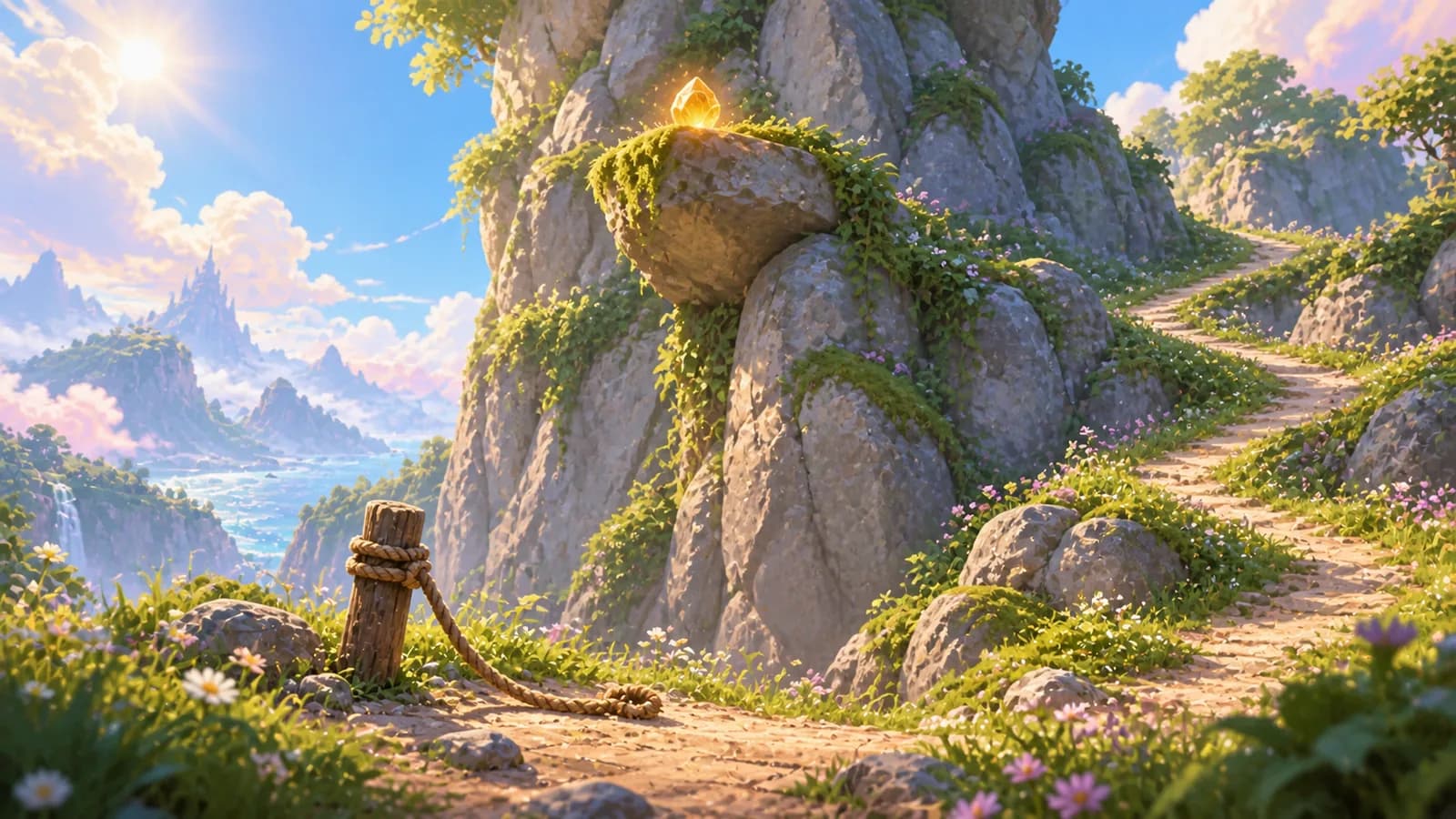 A mossy cliff face at midday with a small glowing amber nodule on a high shelf, a rope tied off on the path far below it, and an easier switchback visible to the side