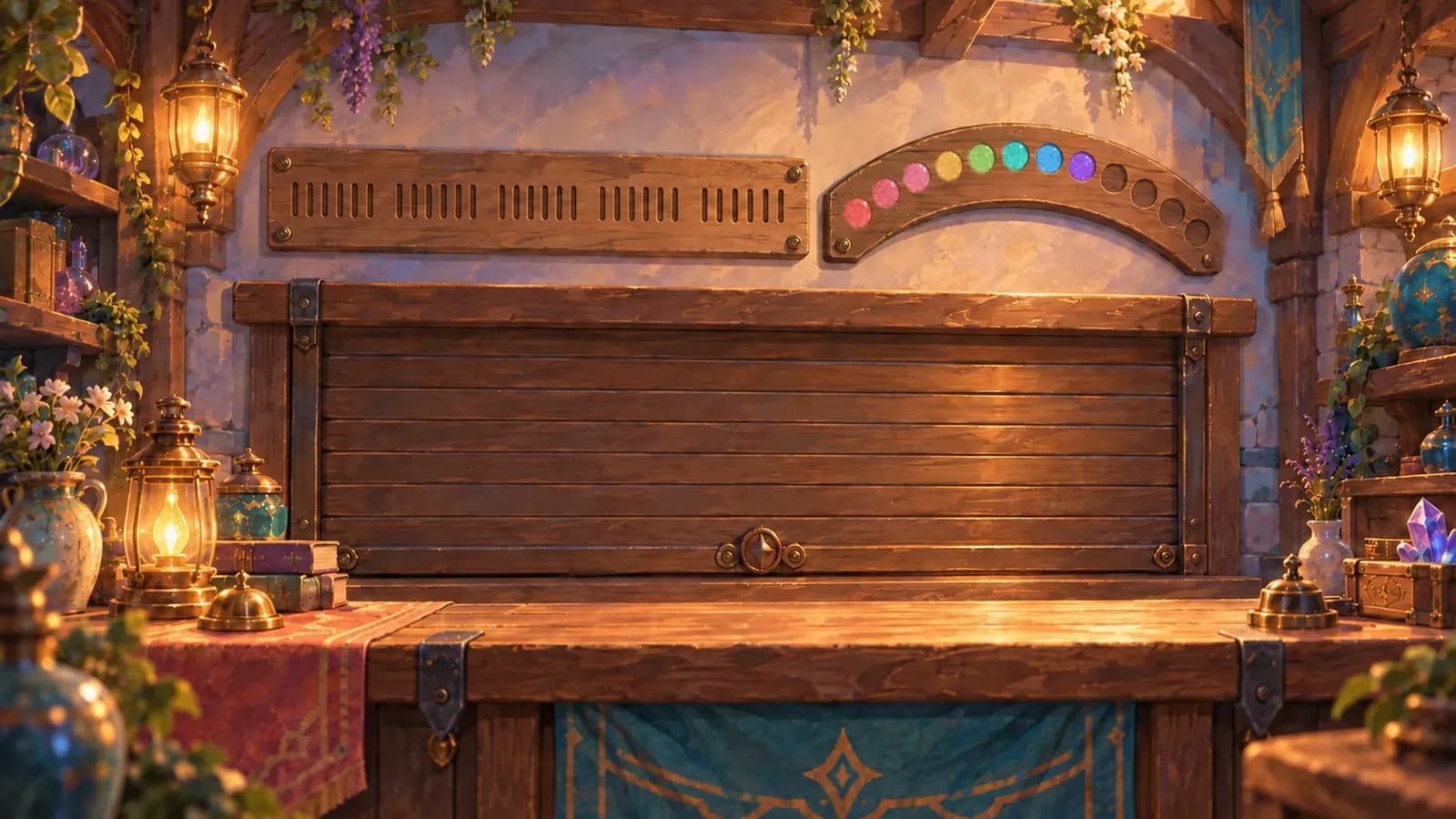 A wooden field-station counter with a closed shutter, a wall tally of thirty identical marks on the left and a partly filled arc of regional stamps on the right