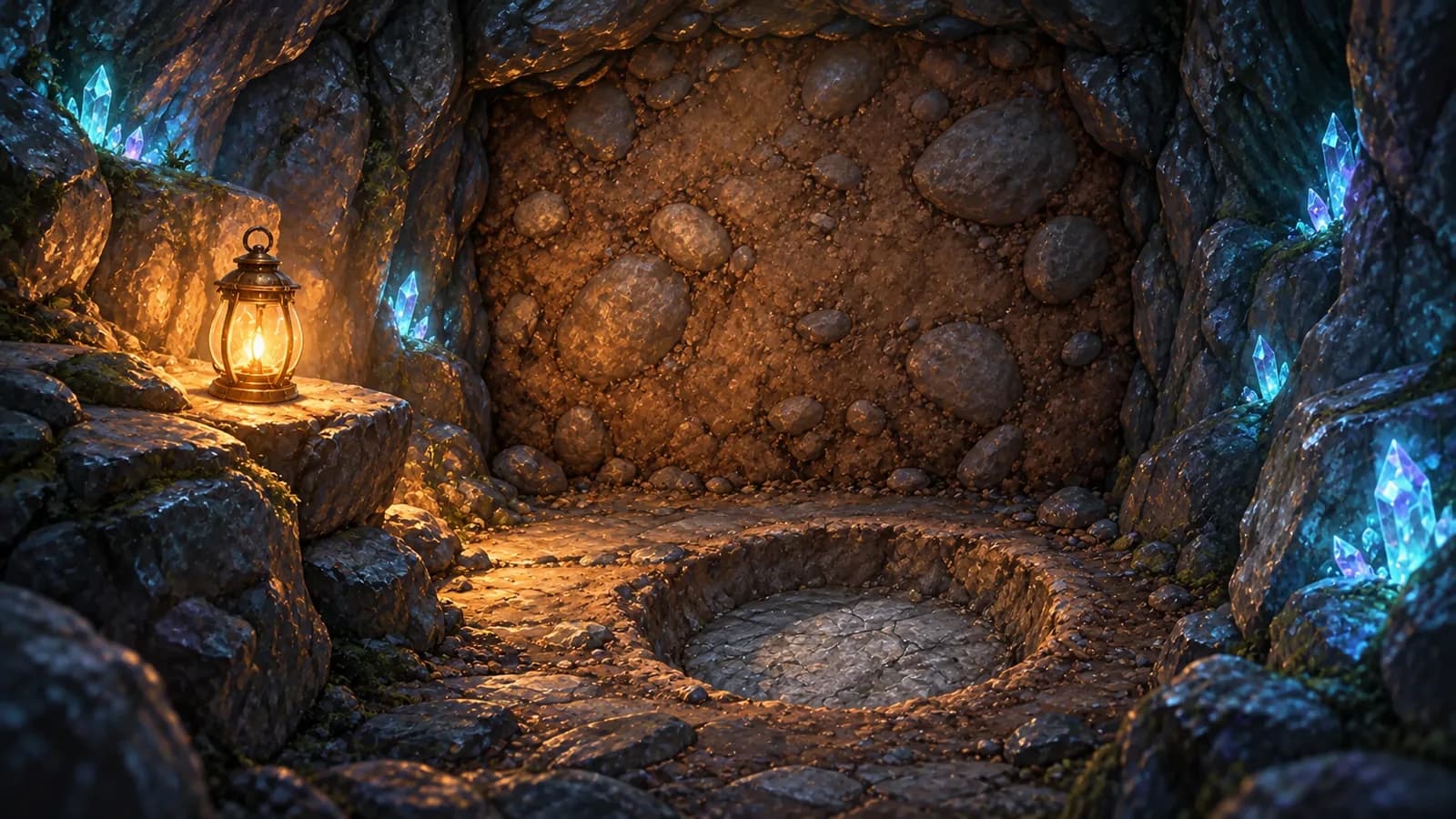 A lantern-lit underground passage blocked by a packed earth wall, with a shallow round pit dug into the floor beside it ending in bare rock