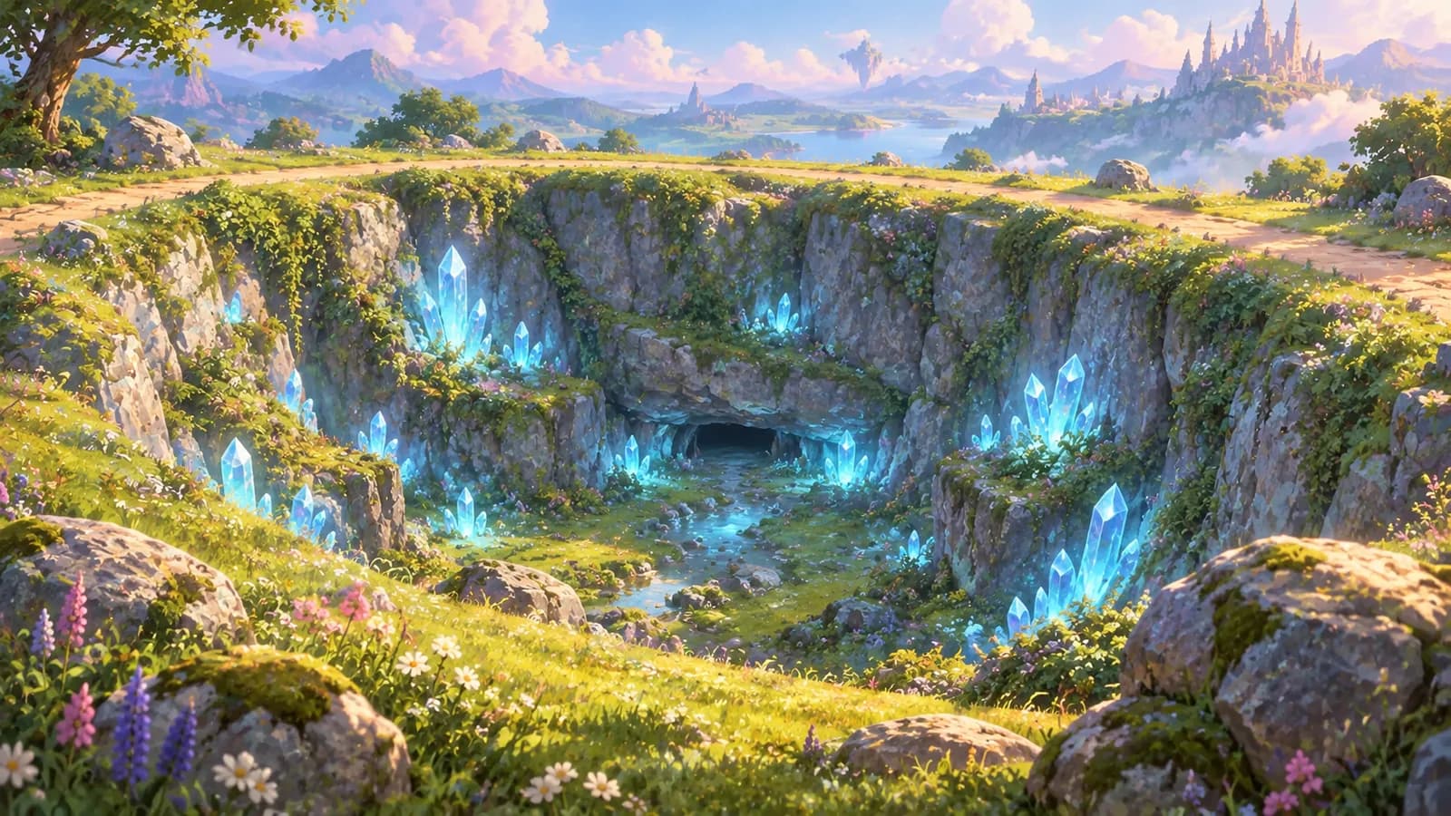 A deep round depression lined with blue crystals, a low dark gap beneath an overhang at its base, and a worn footpath running along the grassy rim above it