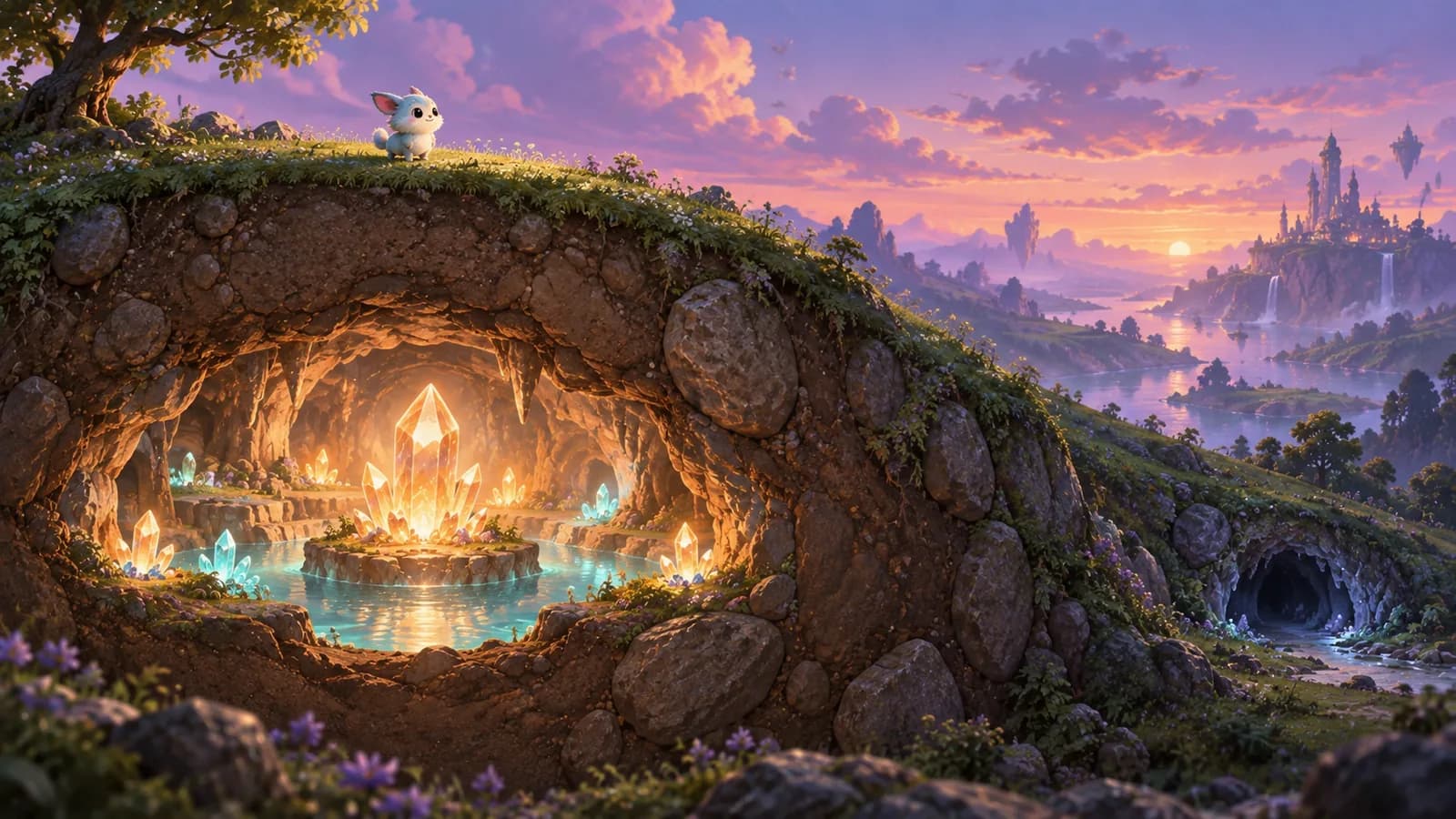 A hillside cutaway at dusk with a lit chamber under open grass, no shaft connecting them, and a separate dark opening in the hillside far to one side