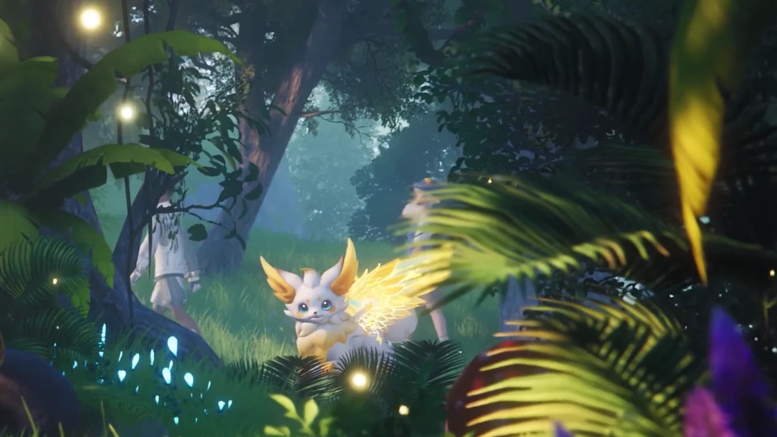 A wild Aniimo lit up in long grass after dark while a Pathfinder watches from the treeline