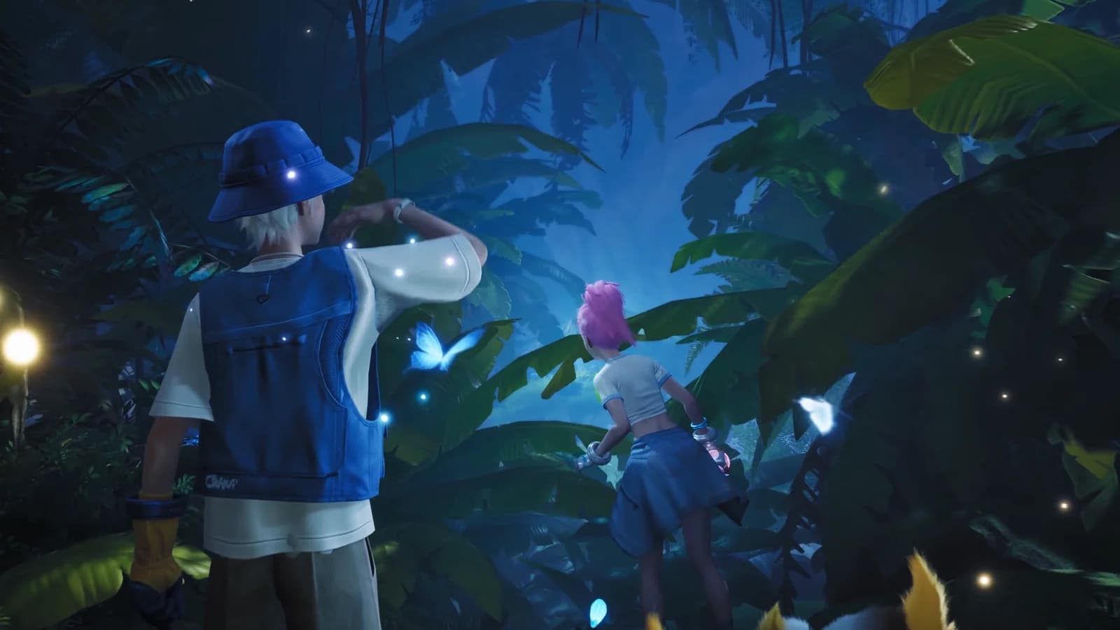 Two Pathfinders working a forest clearing after dark while motes drift between the leaves