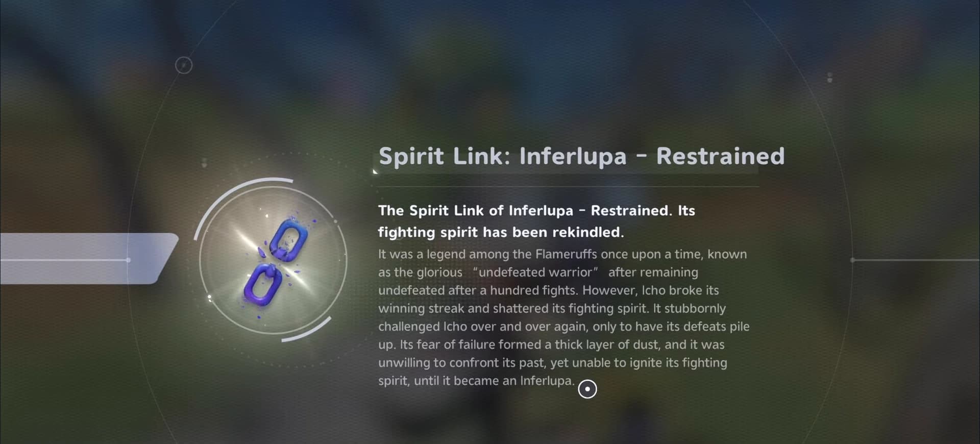 Spirit Link panel for Restrained Inferlupa describing the undefeated warrior whose fighting spirit broke