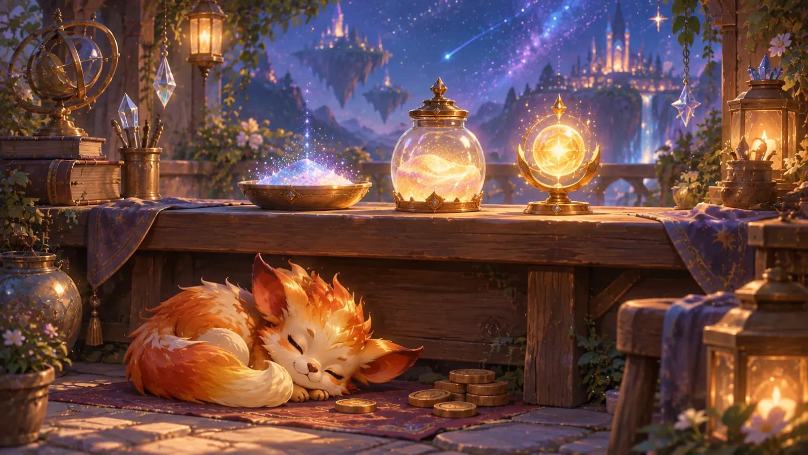A night workbench holding star dust in a dish, star sand in a jar and one sealed essence on a stand, with a young creature asleep against the bench