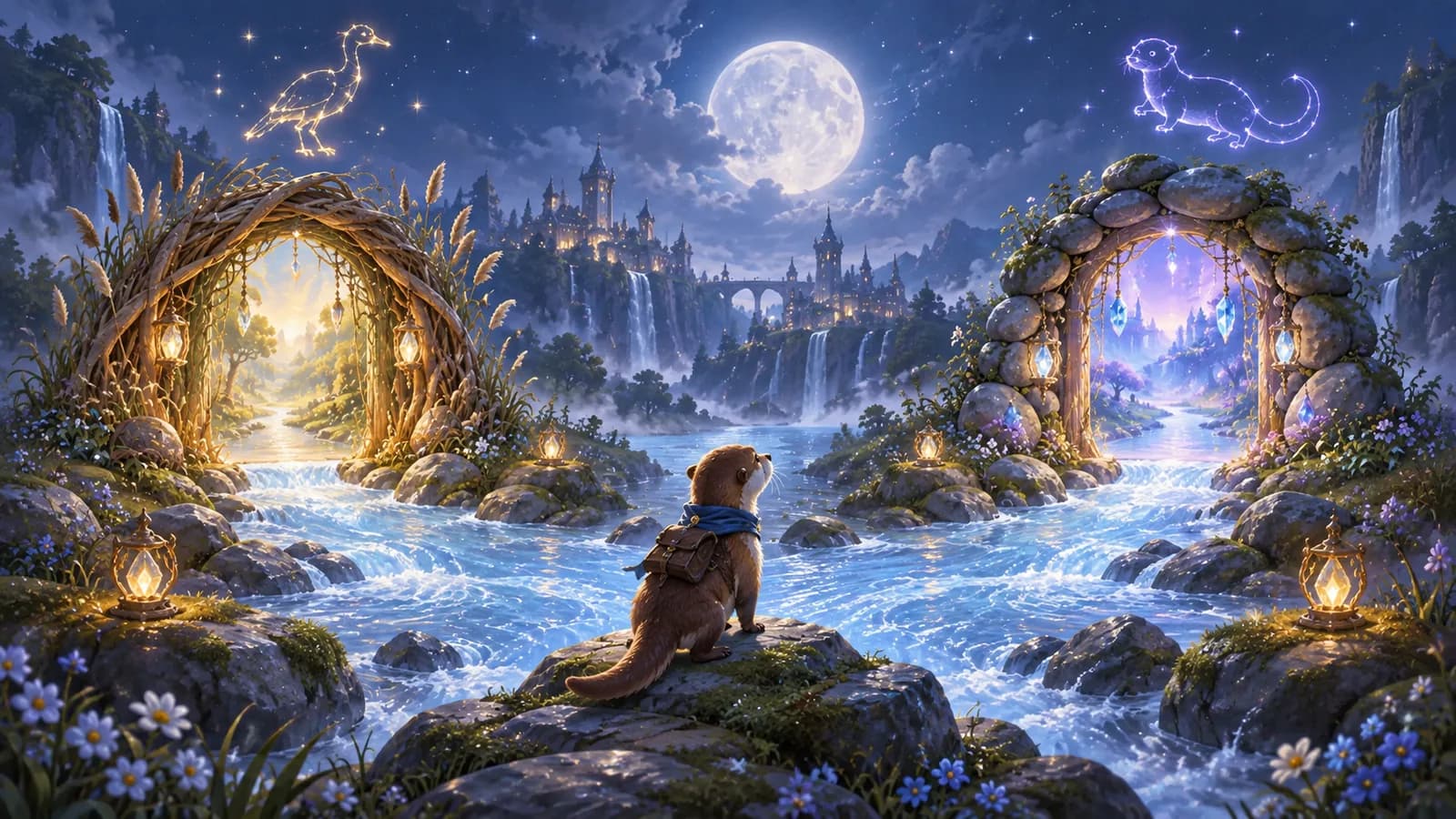 A moonlit river fork with a small otter-like creature at the split and two different reed-and-stone doorways ahead