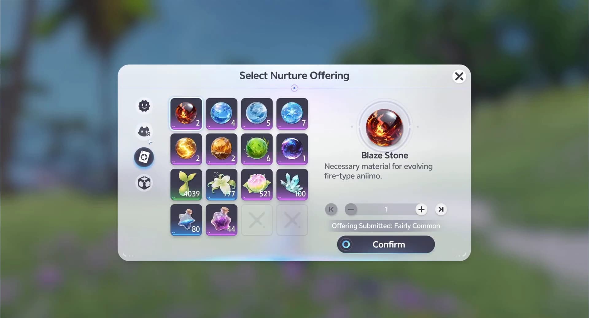 The Select Nurture Offering panel with Blaze Stone chosen and the submission rated Fairly Common